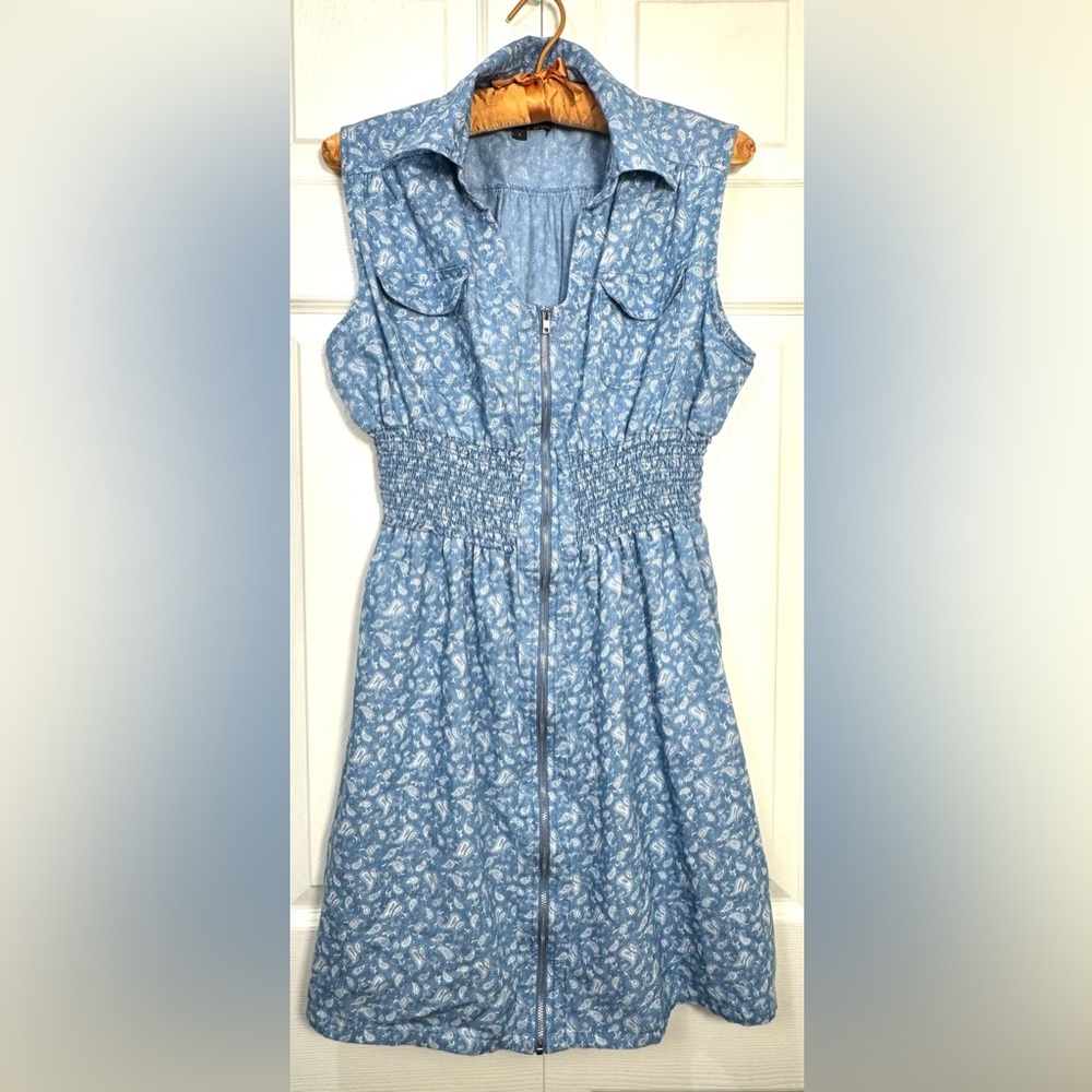 J Gee Chambray Paisley Zip Front Fit & Flare Dress Blue Sleeveless L
